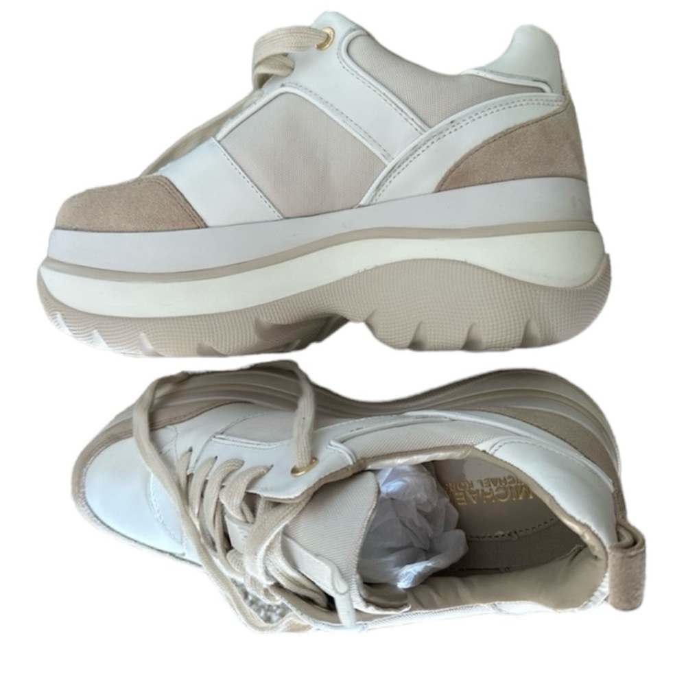 Michael Kors Felicia Platform lace up tan and white retro sneakers - Picture 3 of 7